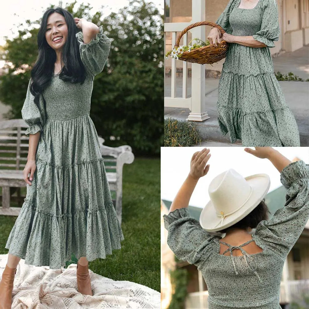 Floral Print Maxi Dress For Women Blue Half Sleeve Summer