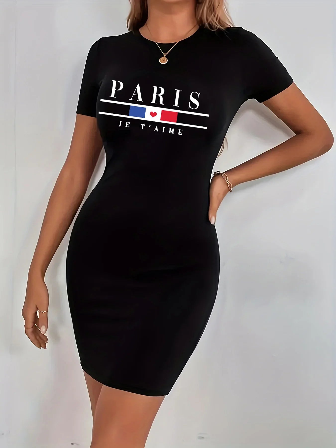 Paris Print Slash Neck T Shirt Dress With Lace Up Detail