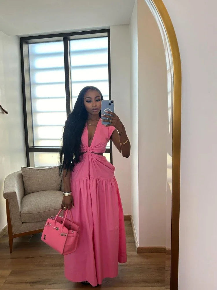 Beach Maxi Dress V Neck Sleeveless Lace Up Solid Color