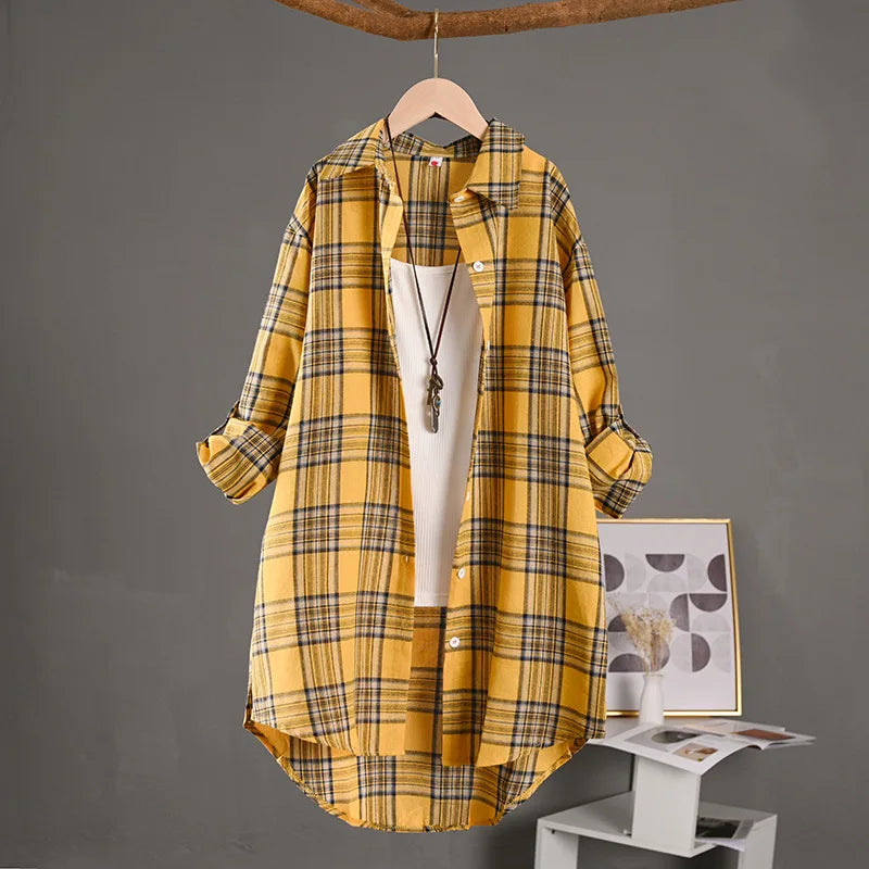 Women's Lightweight Cotton Linen Plaid Shirt Mid-Length Loose Jacket with Sun Protection for Spring and Summer Outerwear