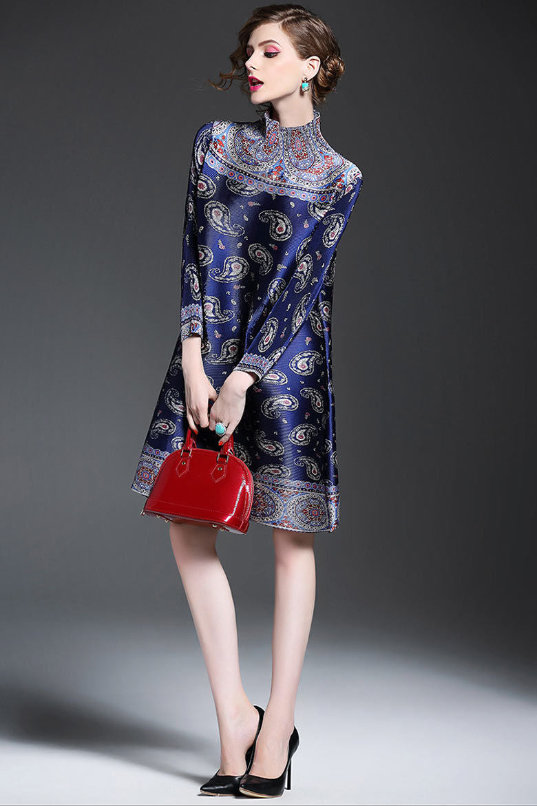 Retro Pleated High Neck Plus Size Dress For Women Casual