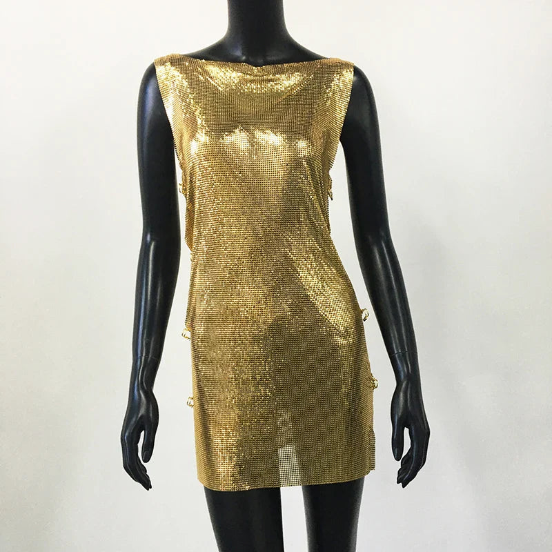 Y2K Metallic Sequins Mini Dress For Women Backless Clubwear