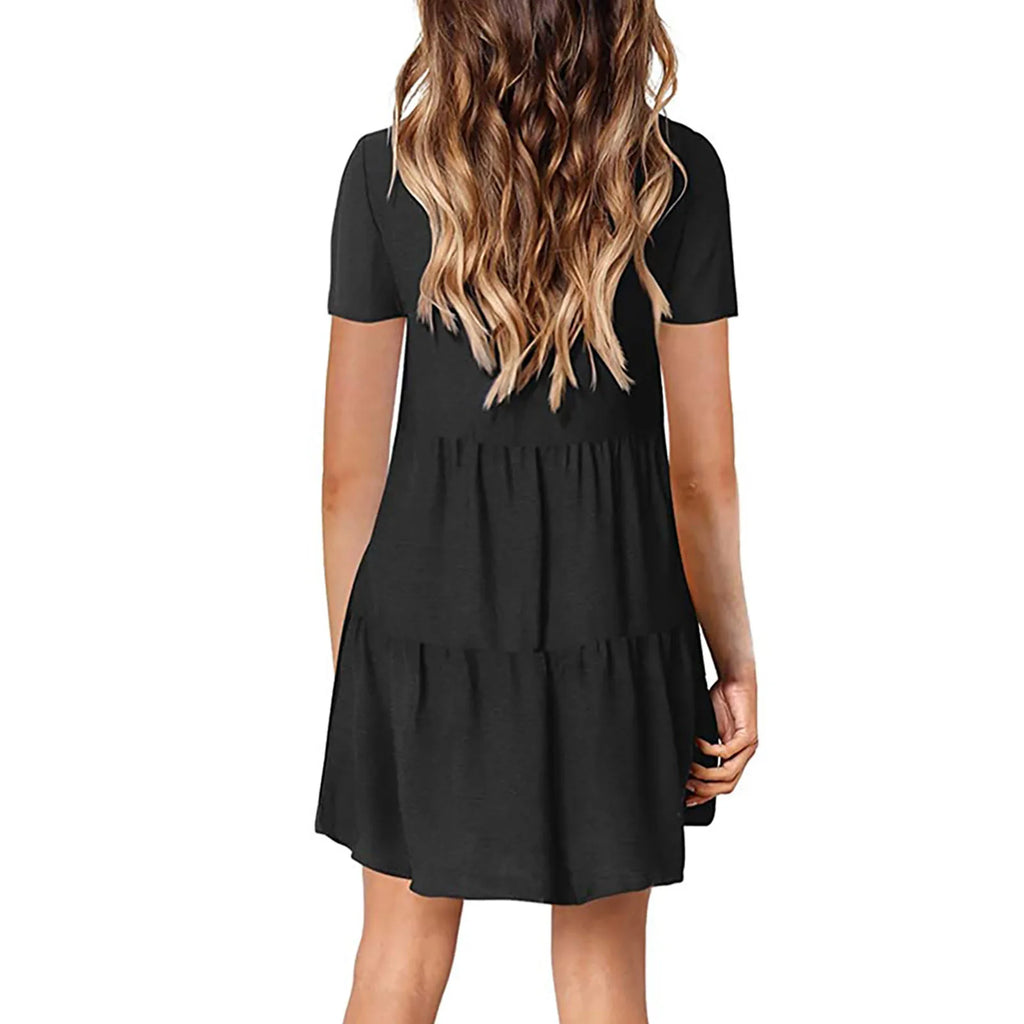 Womens V Neck Short Sleeve Loose Fit Dress Solid Color