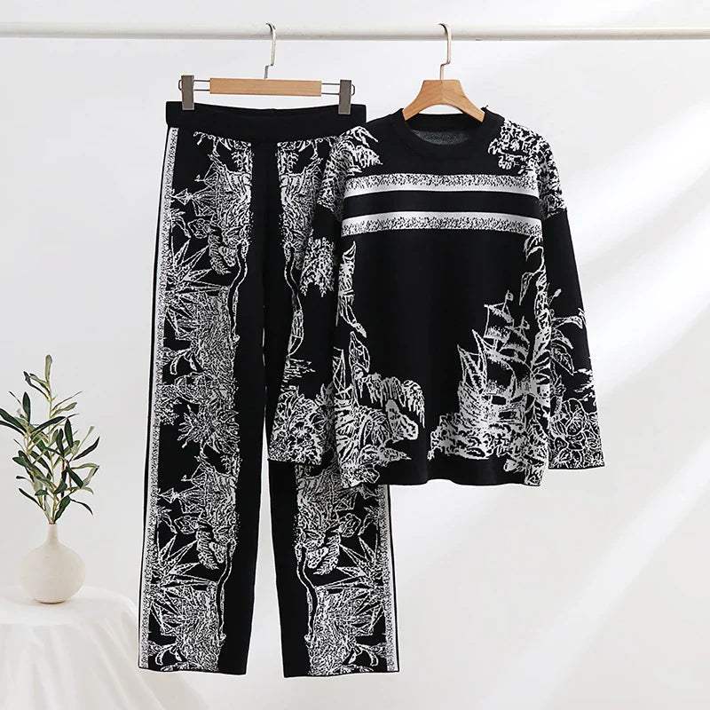 Elegant Women's Loungewear 2 Piece Knit Pants Set with Ink Floral Sweater and Matching Knitted Bottoms