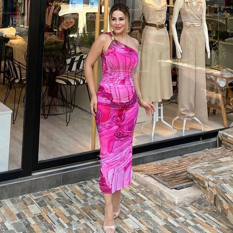 One Shoulder Backless Gradient Print Dress For Party