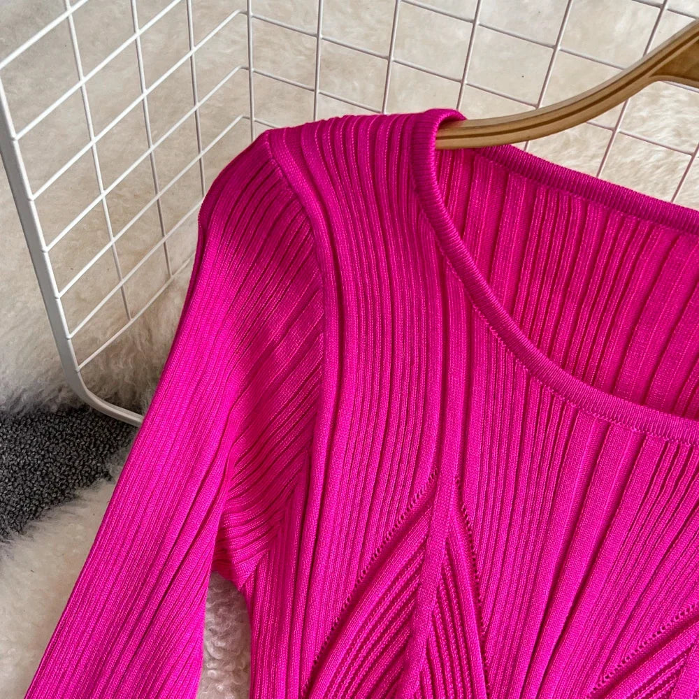 Long Sleeve Knitted Bodycon Dress For Women Autumn Retro