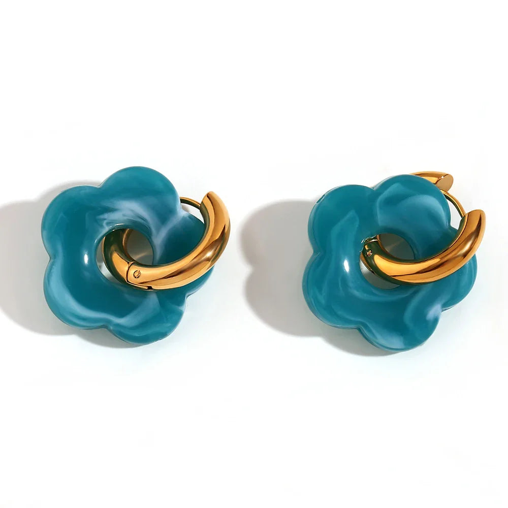 Colorful Resin Flower Drop Earrings for Women in Waterproof Stainless Steel Hoops