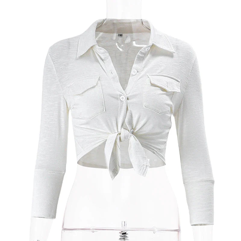 Sexy Polo Neck Button Up Crop Top Cardigan with Long Sleeves Twist Knot Bandage Vest for Women