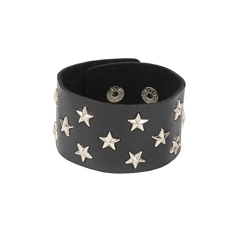 PU Leather Studded Gothic Cuff Bracelet Adjustable Punk Rivet Wristband for Men and Women