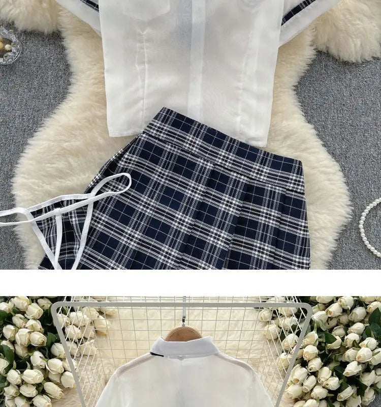 Sexy Preppy Style JK Set for Women Polo Neck See-Through Crop Top Plaid Pleated Short Skirt Student Cosplay Outfit