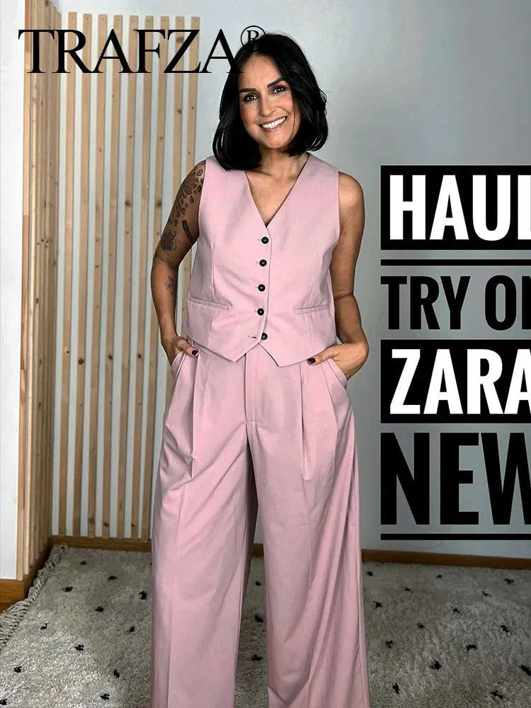 Women Solid Pant Sets with Adjustable Back Strap and V-Neck Vest High Waist Trousers Fashion Outfit