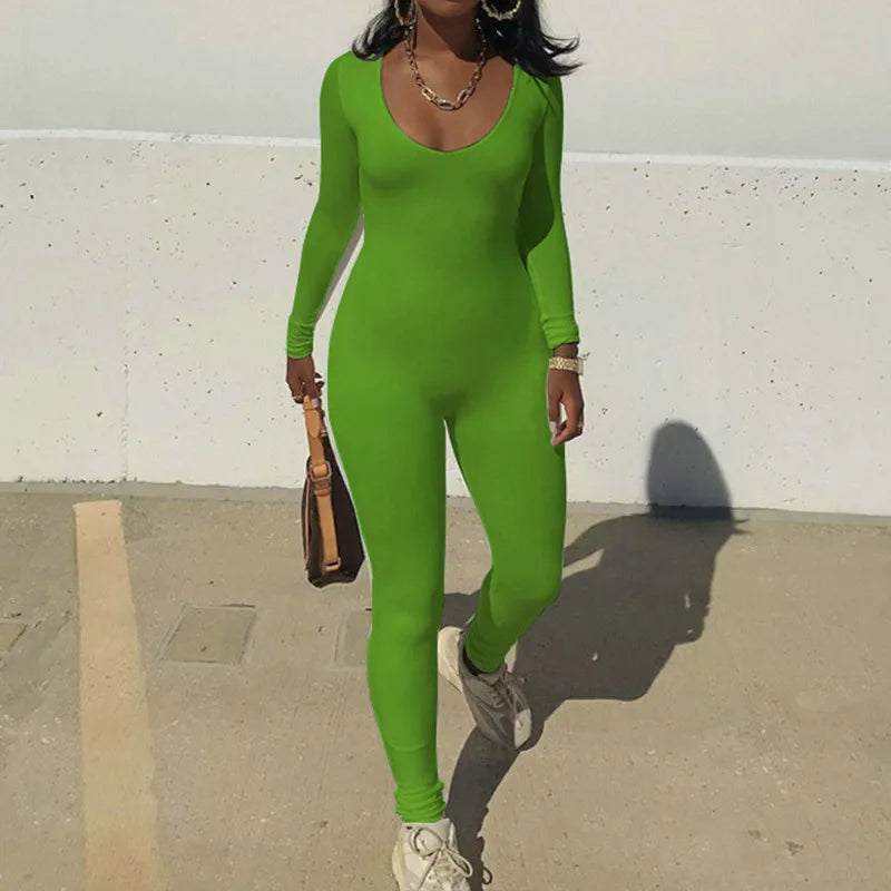Women's Black Long Sleeve Bodycon Jumpsuit Slim Fit Sexy Solid Romper Casual Sporty Skinny Streetwear for Autumn Winter