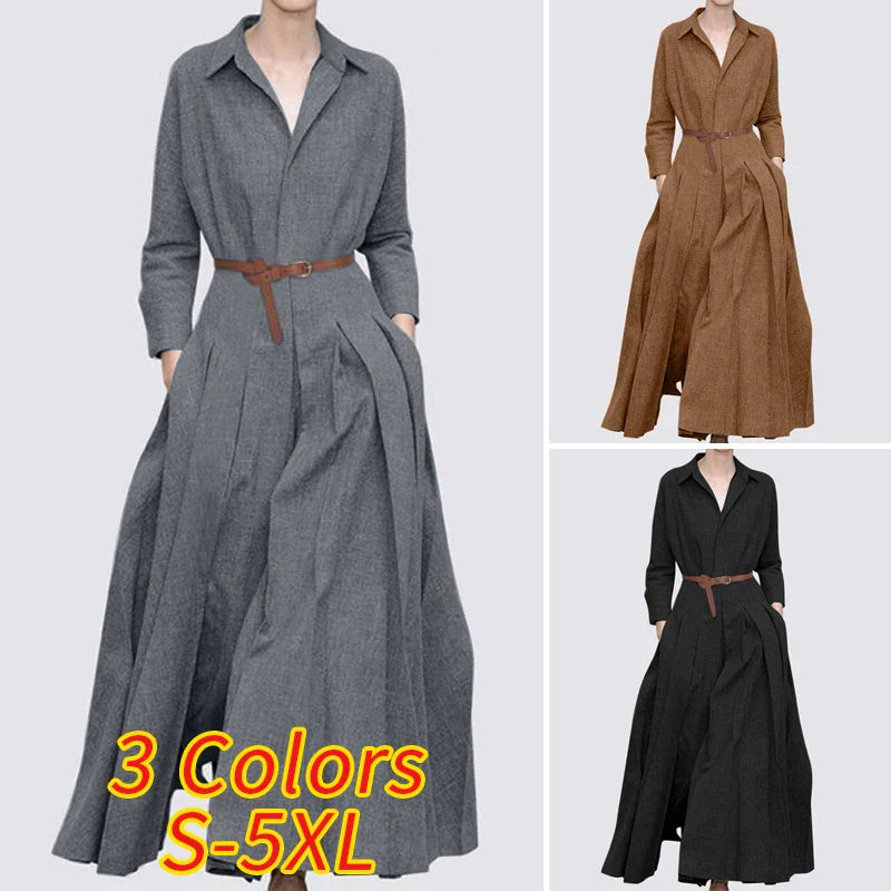 Women Long Sleeve Maxi Dress Office Casual Solid A Line