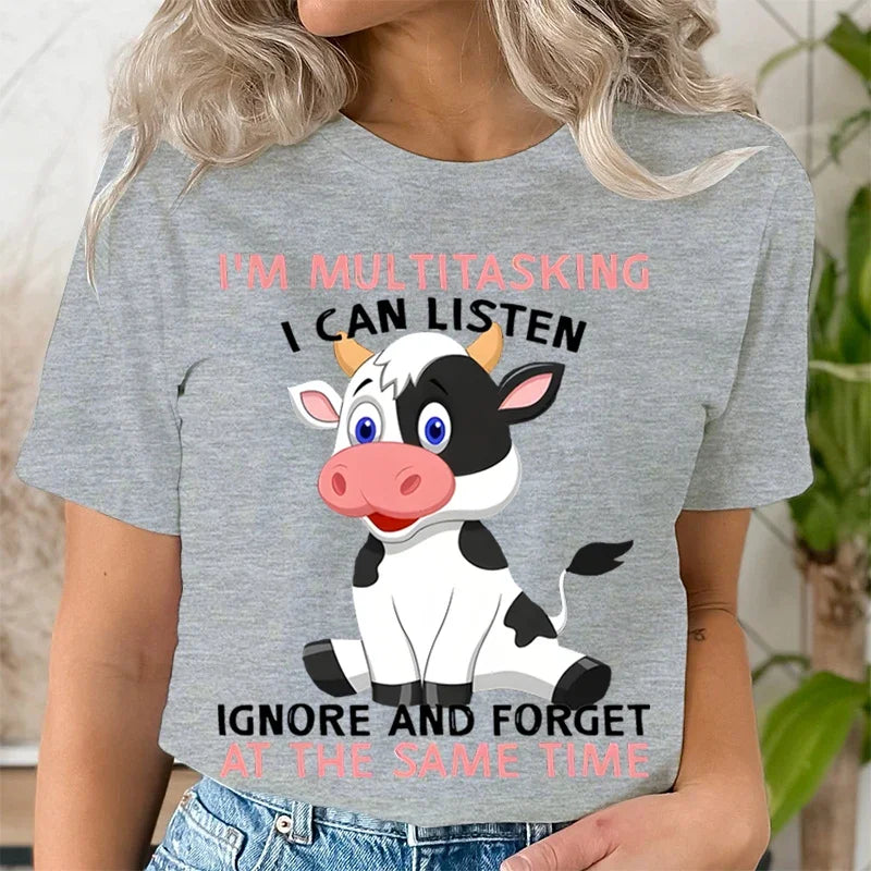 Cute Cow Print Short Sleeve Women's T-Shirt I'm Multitasking Casual Crew Neck Summer Top