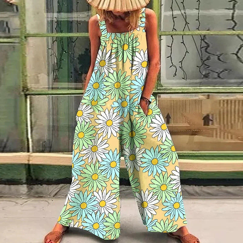 Loose Casual Oversized Print Suspenders One-Piece Pants with Broad Leg Straps for Women Summer Comfortable Relaxed Fit