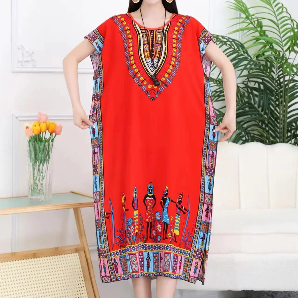 Retro Ethnic Print Batwing Sleeves Dress With High Slit