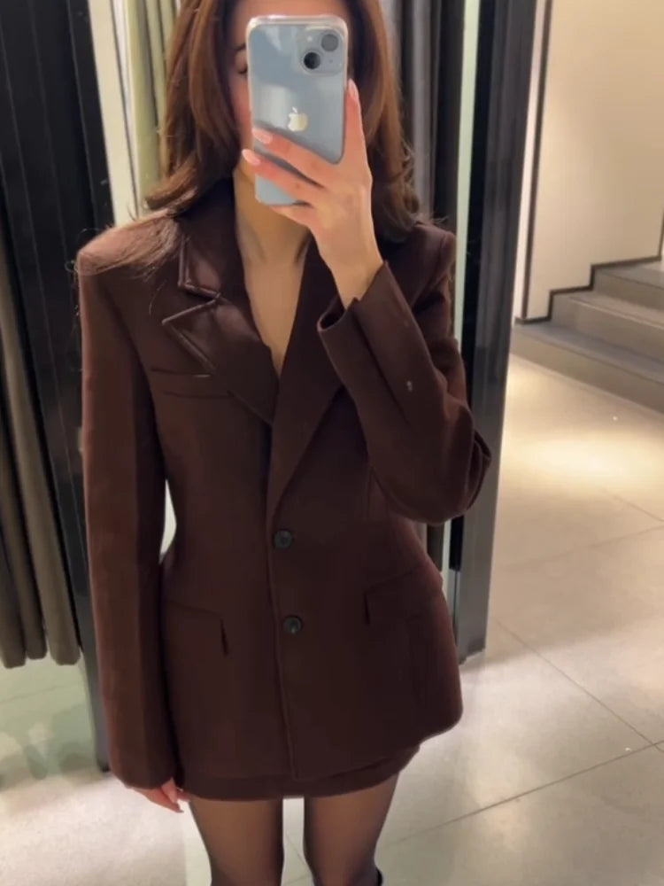 Elegant Women Blazer and Mini Skirt Set with Shoulder Pads Cinched Waist Suit Jacket and A-line Skirt Two-Piece Office Outfit