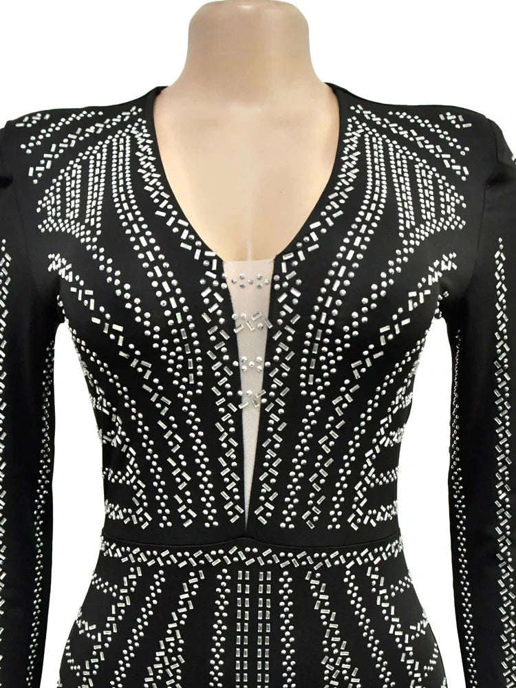 Red Rhinestone Evening Gown Long One Piece Dress Glam Party