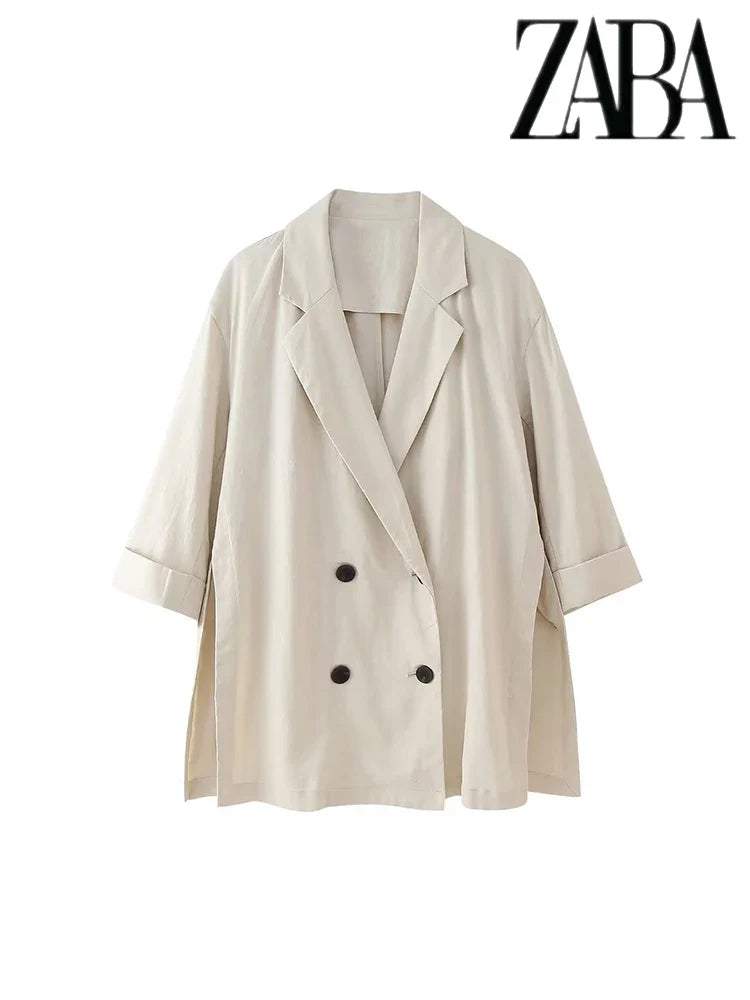 Women's Office Suit Set with Double Breasted Lapel Top and Wide Leg Pants in Solid Color