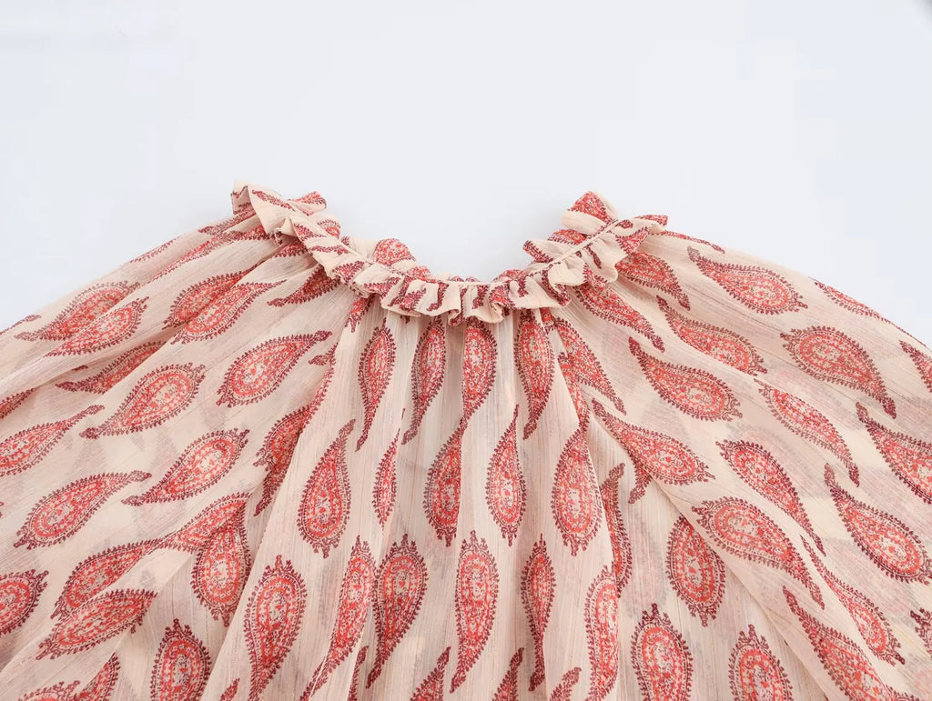 Womens Printed Shirt with Metallic Thread Ruffle Collar Drawstring Long Sleeve Single Breasted Chic Top