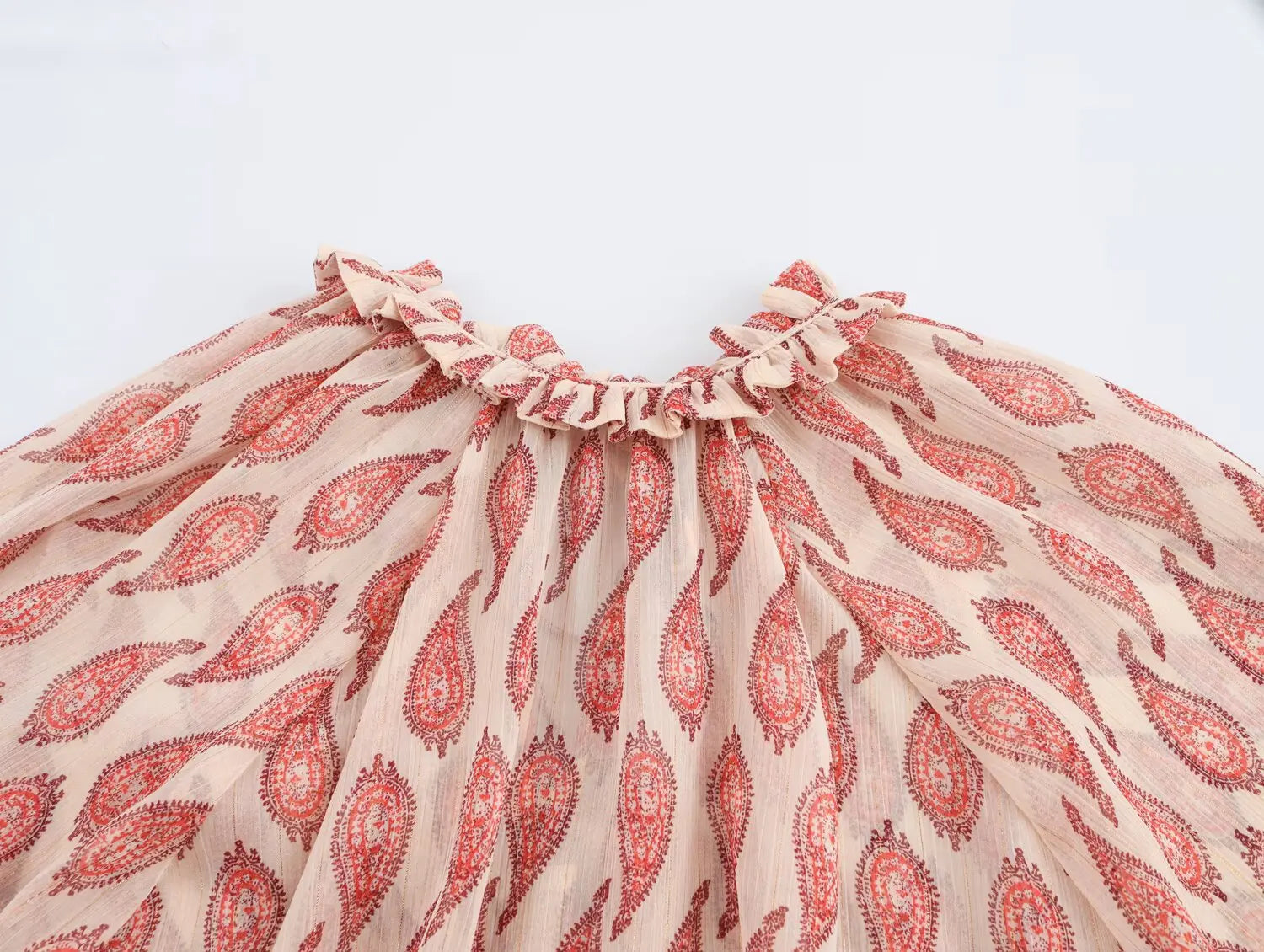 Womens Printed Shirt with Metallic Thread Ruffle Collar Drawstring Long Sleeve Single Breasted Chic Top