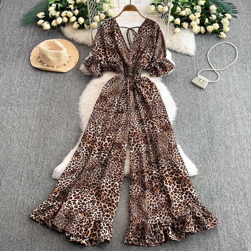 Women's Summer V-Neck Leopard Print Lace-Up Jumpsuit Short Sleeve Loose Fit Playsuit Overalls with Elegant Ruffle Detail