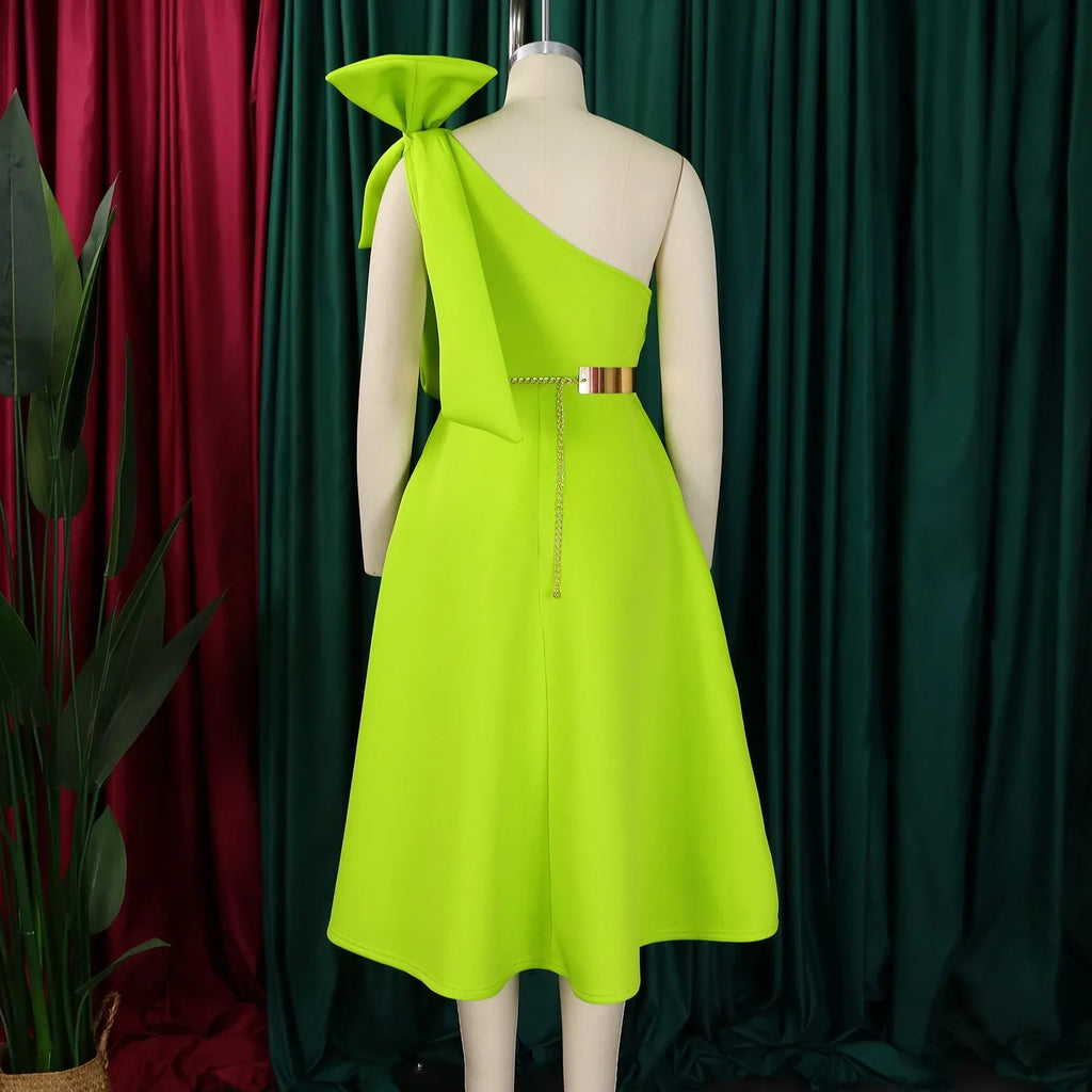 One Shoulder Bow Dress A Line Pleated Mid Calf Party Dress