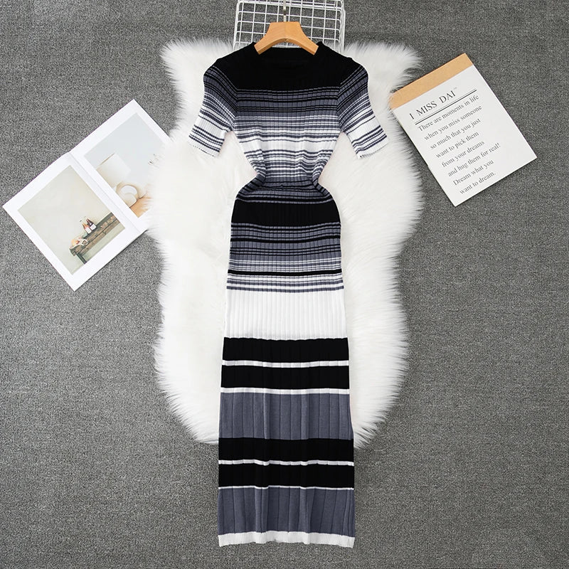 Wrap Bodycon Dress Women Knitted Striped Long Summer Dress