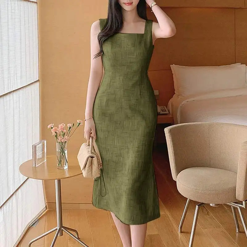 Elegant Sleeveless Square Neck Mermaid Midi Dress for Women