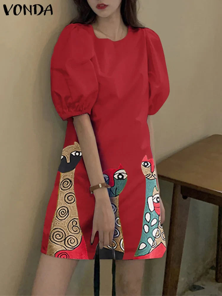 Bohemian Printed Sundress With Short Sleeves Round Neck