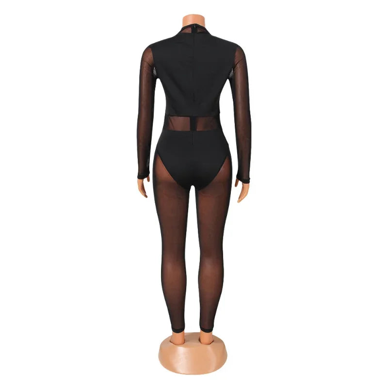 Sexy Black Transparent Mesh Jumpsuit Women Elastic See-Through Bodysuit One Piece Nightclub Outfit