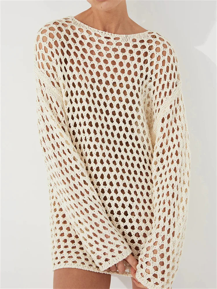 Knit Hollow Out Beach Cover Up Dress See Through For Women