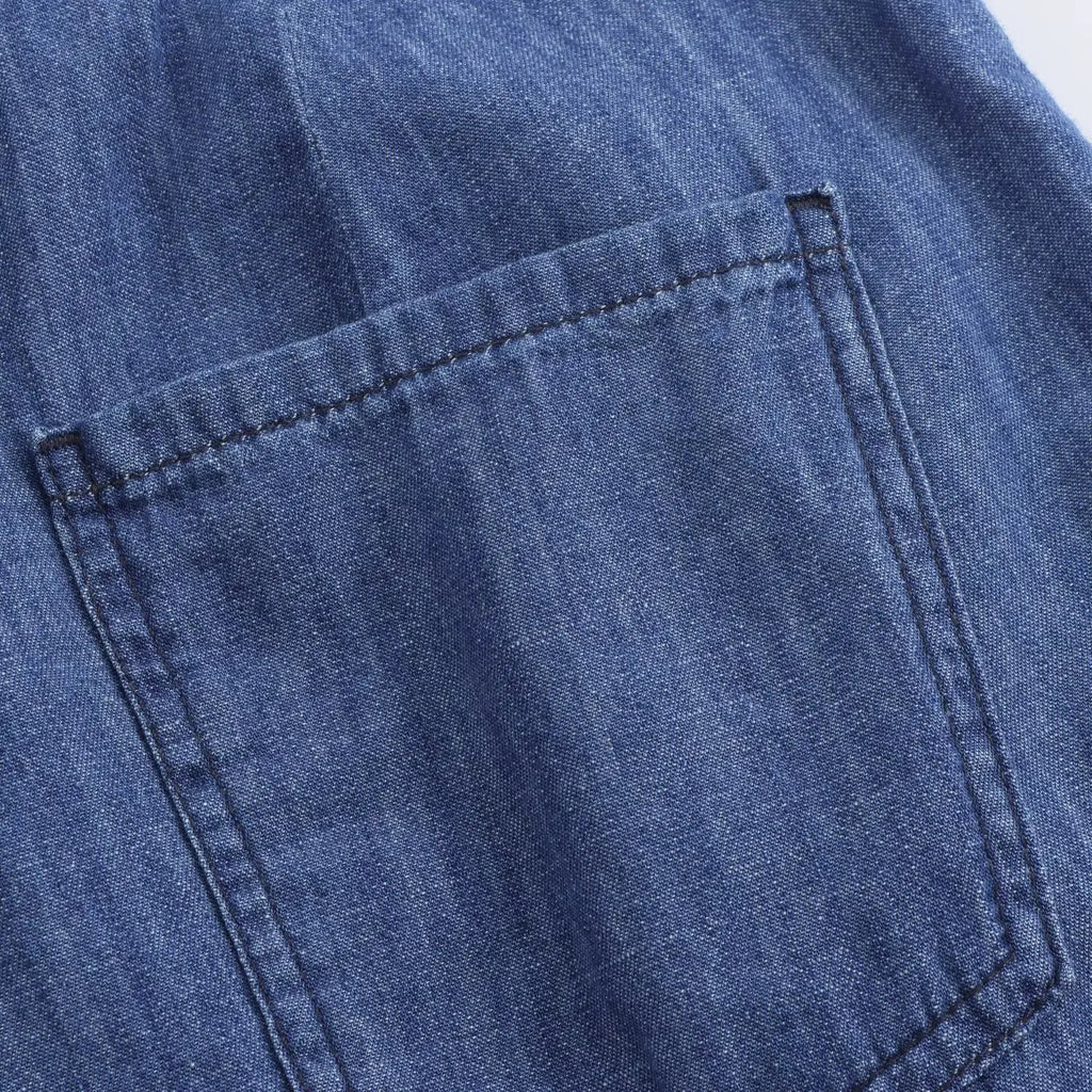 Women's Slim Fit Denim Shirt with Bow Decoration and Wide Leg Loose Long Suit