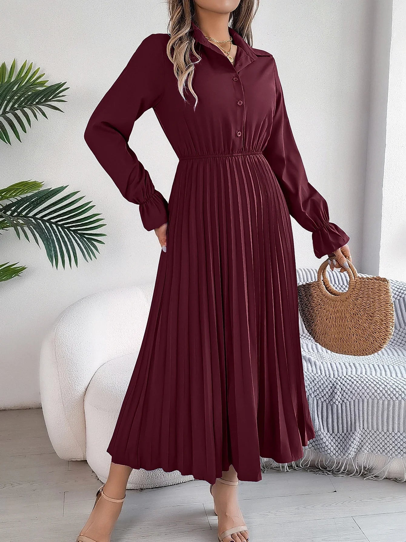 Solid Color Polo Neck Pleated Long Sleeve Dress For Women