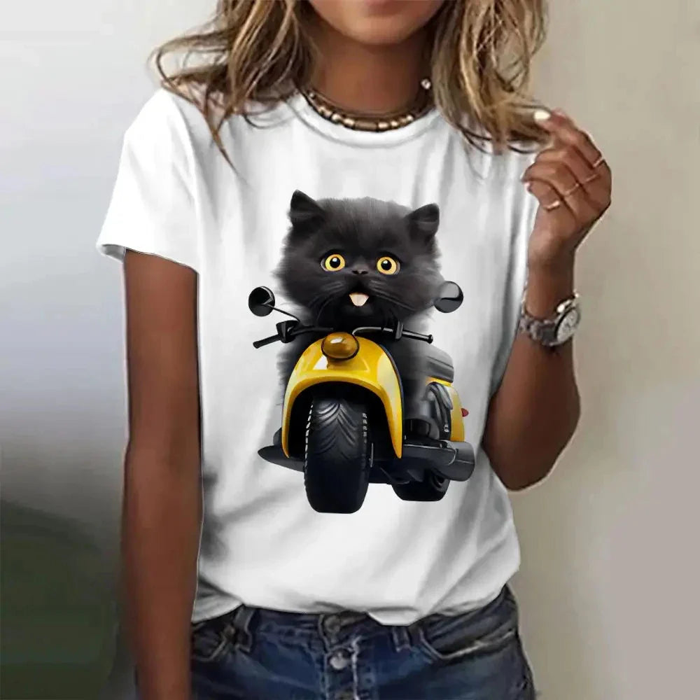 Cute Cat Printed Women's T-Shirt Comfortable Casual Short Sleeve Top for Daily Wear