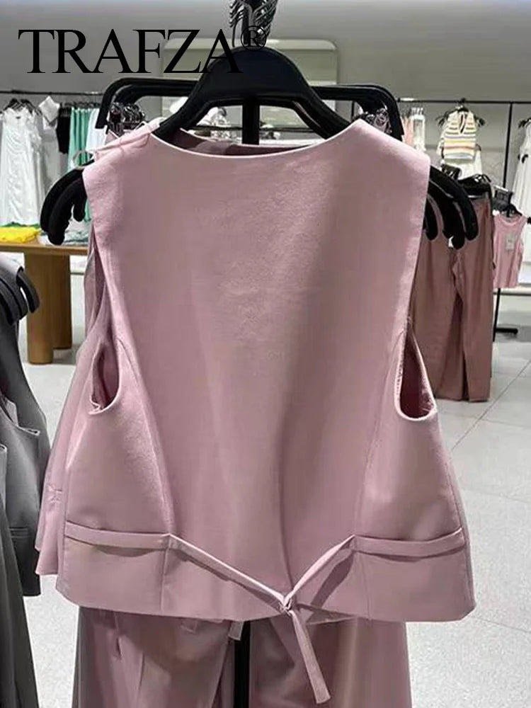 Solid Sleeveless V-Neck Vest and High Waist Zipper Loose Pants Set for Office and Casual Wear