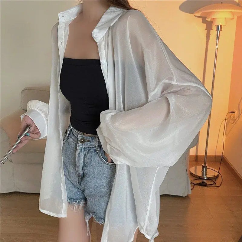 Women's Lightweight Sheer Chiffon Sunscreen Blouse Loose Fit Breathable Summer Shirt All Match Sun Protection Top