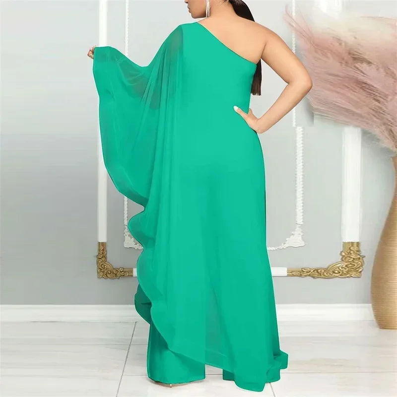 Elegant Chiffon One Shoulder Wide Leg Jumpsuit for Women Evening Party Birthday Romper Overalls Stylish One Piece Combinaison Femme