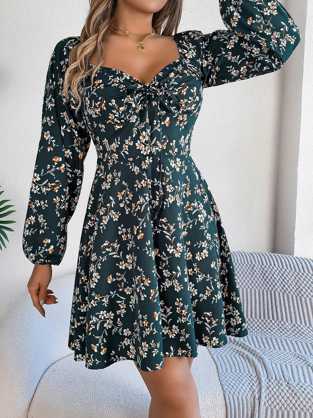Floral Print Square Neck Dress With Long Sleeve Lace Up