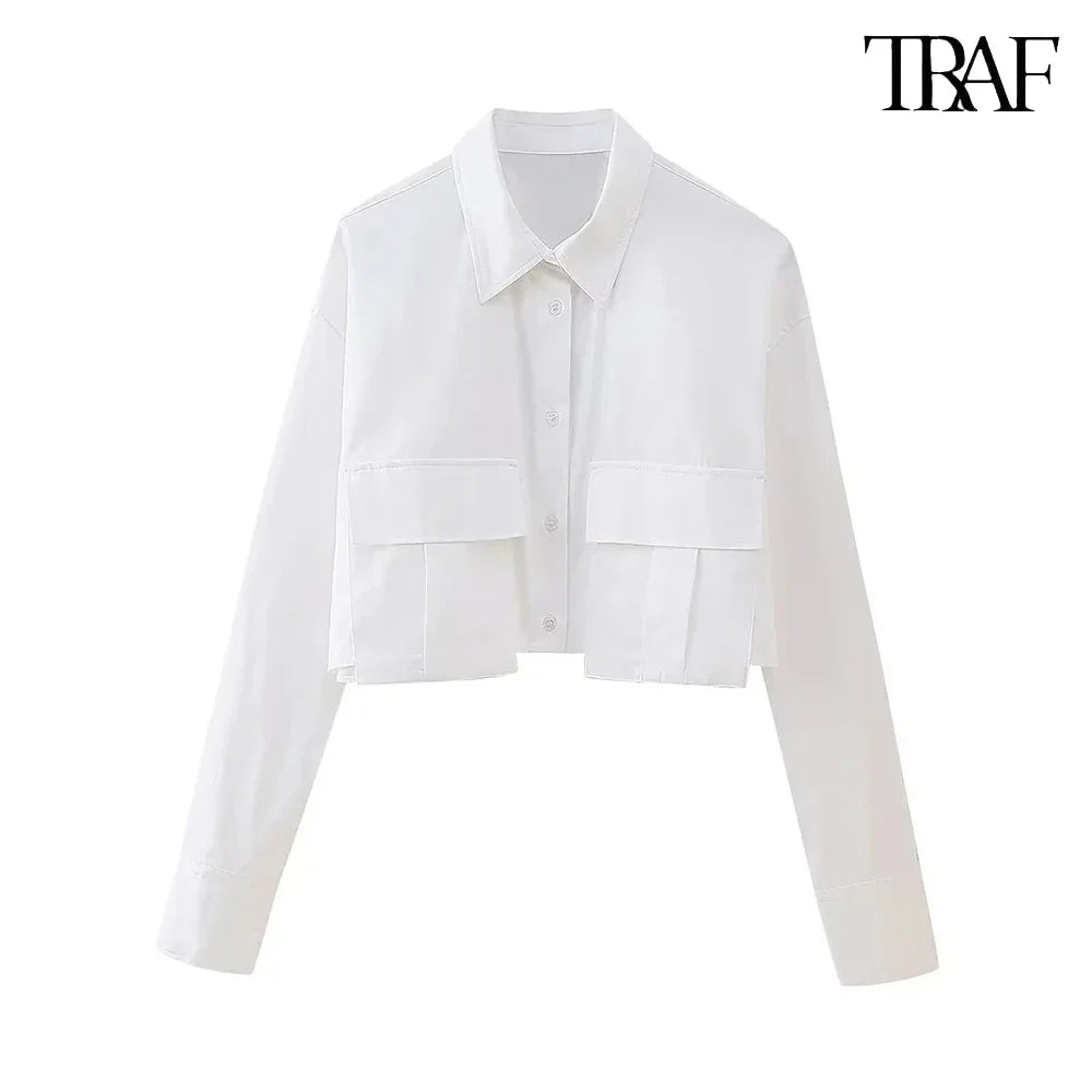 Women's Vintage Lapel Collar Patch Pocket Shirt Long Sleeve Single Breasted Casual Blouse Street Style Top