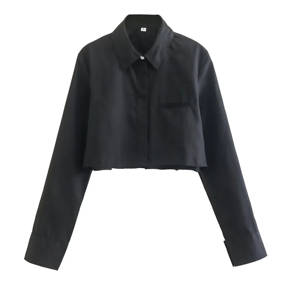 Women's Vintage Loose Cropped Shirt Long Sleeve Front Button Blouse Chic Casual Top