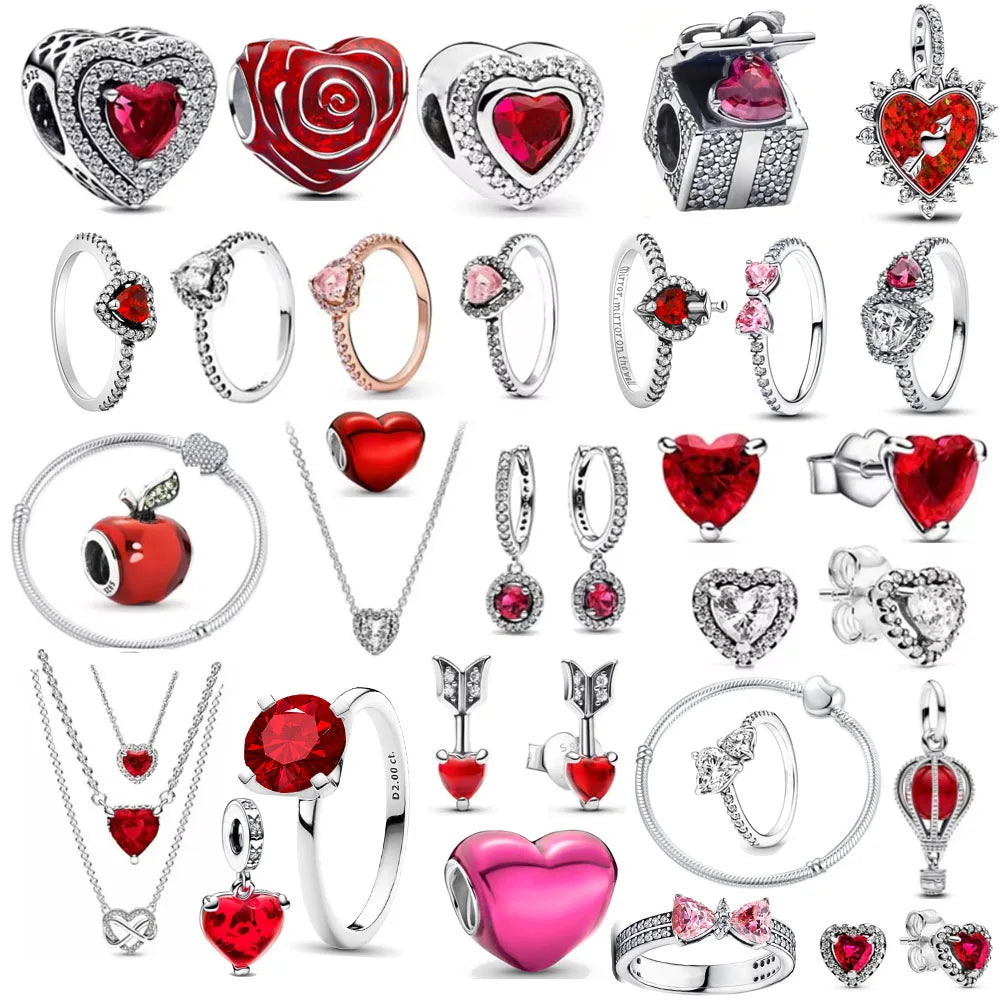 Valentine's Day Red Apple Dangle Charm Bead in 925 Sterling Silver for Women's Heart Bracelet Jewelry