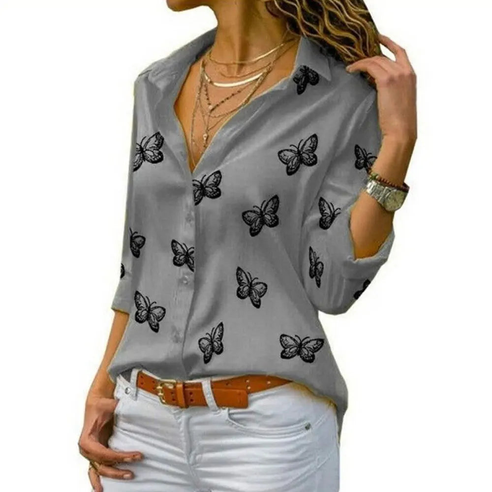 Elegant Women Butterfly Print Loose Fit Long Sleeve Blouse with Turn Down Collar Casual Oversized Office Shirt for Spring and Autumn