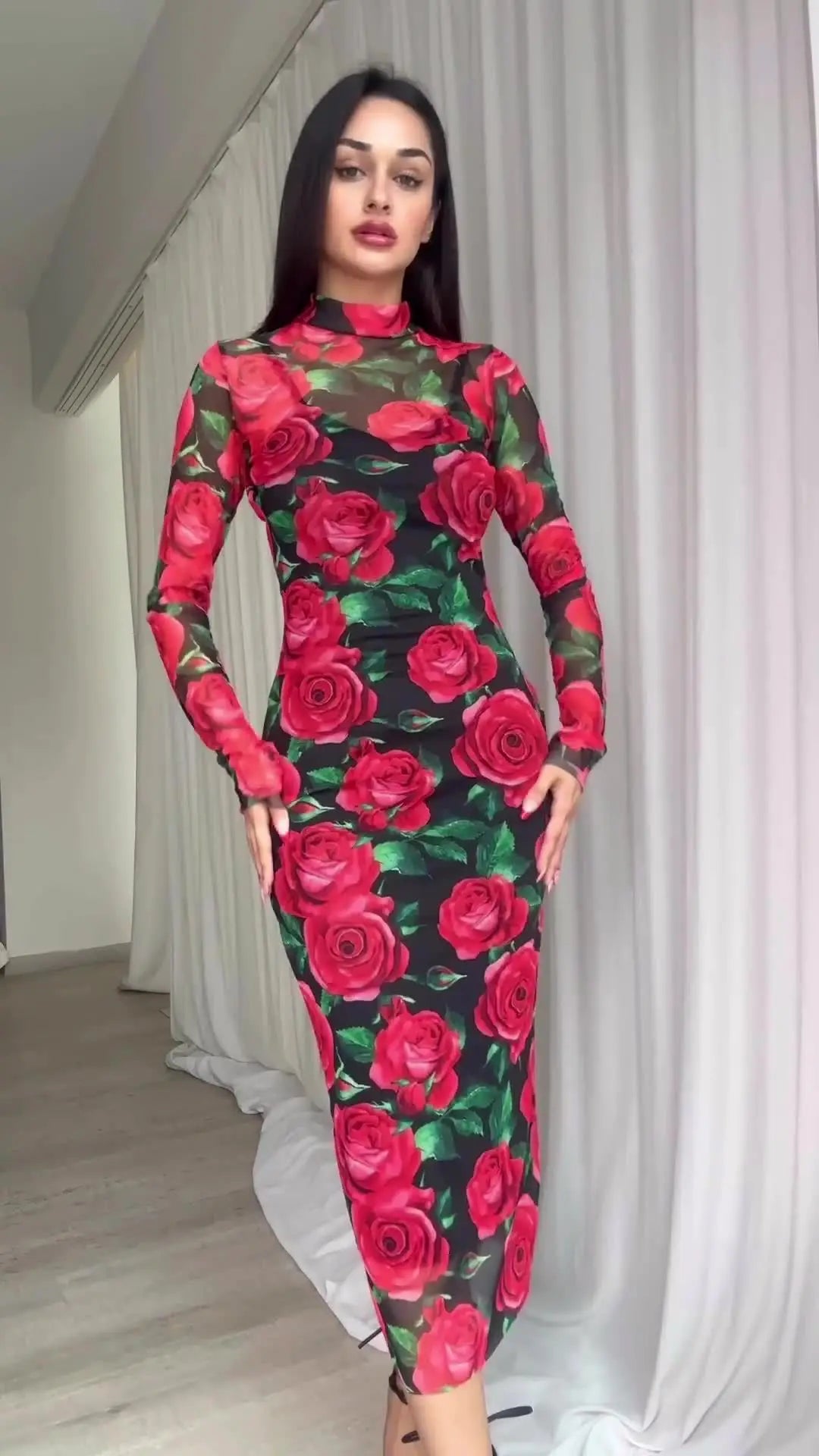 Printed Long Sleeve Dress For Women Vintage Retro Style