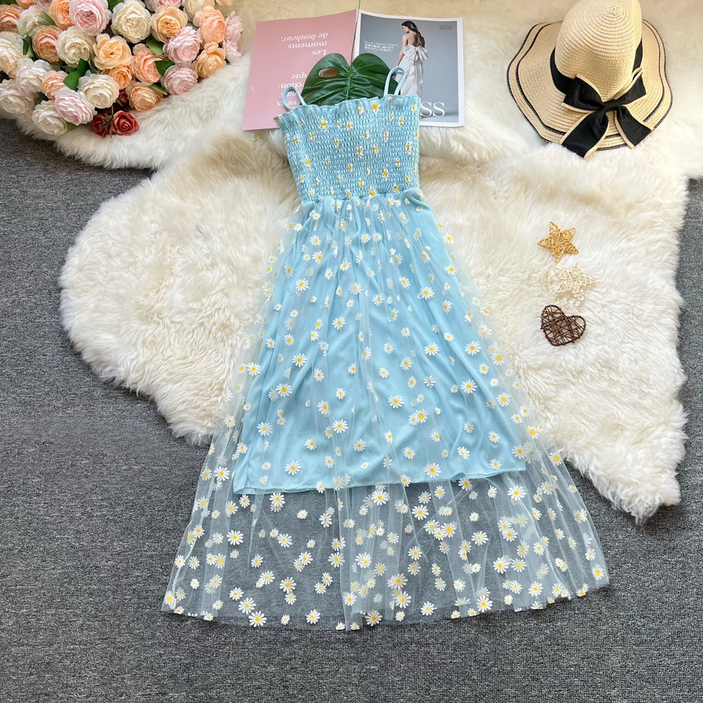 Floral Daisy Print Mesh Long Dress for Summer Vacation