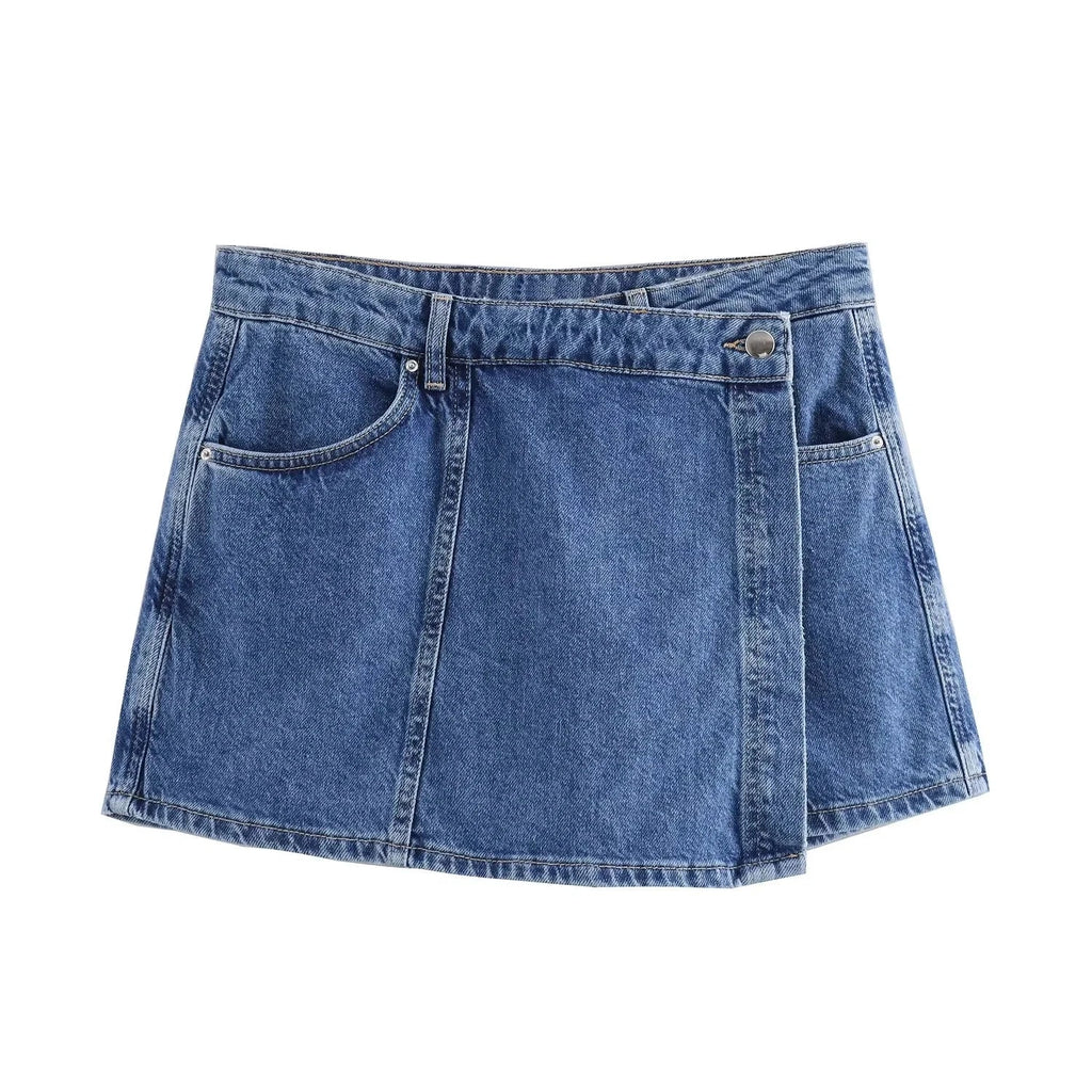 Asymmetric High Waist Denim Mini Skirt and Cropped Short Sleeve Top Two Piece Set for Women Streetwear