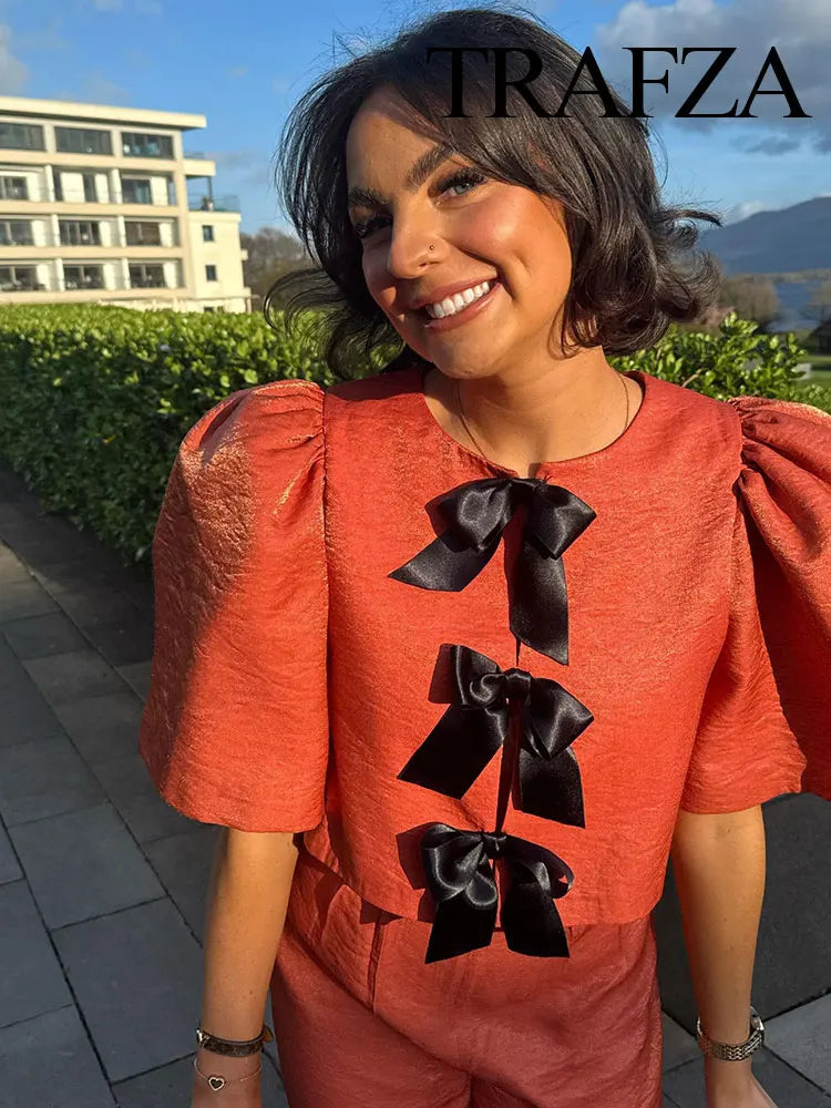 Women's Summer 2-Piece Set Solid Color Puff Sleeve Shirt and Zipper Mid-Rise Street Pants