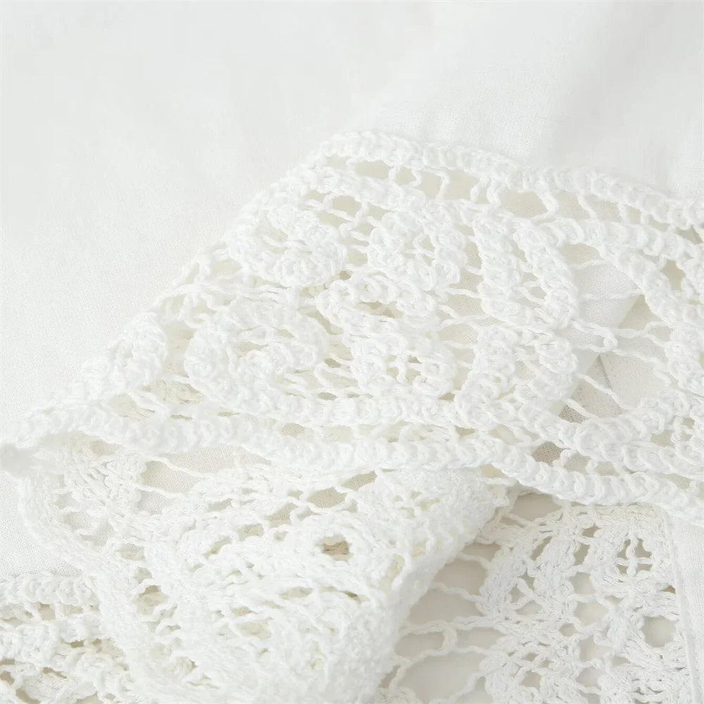 Women White Long Sleeve Blouse and Wide Leg Pants Set with Lace Trim Elegant Design