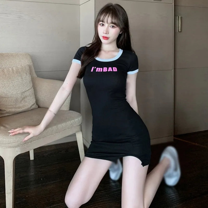 Korean Style O Neck Slim Dress For Women Short Sleeve