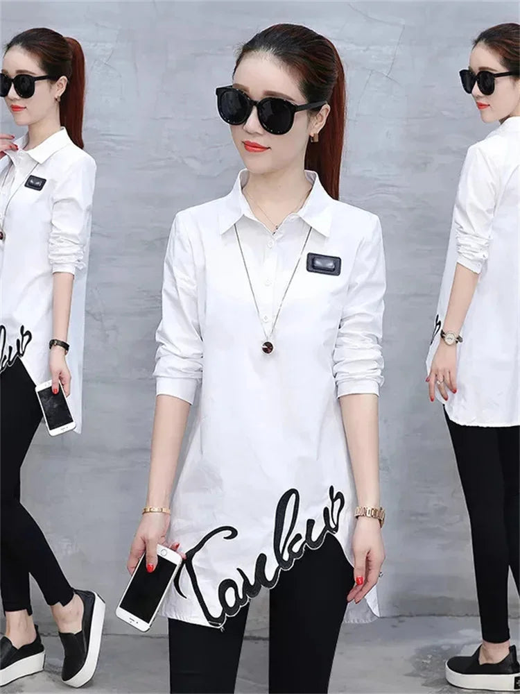 Women's Long Sleeve Embroidered Blouse Spring Fashion Loose Fit Ladies Shirt Plus Size Casual Top